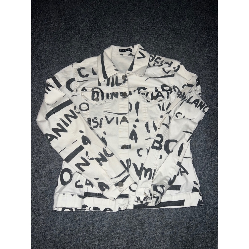 Cyle & Chloe Graffiti Print Denim Jacket White Black Size M Cotton Lycra